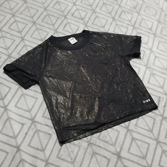 VS PINK Black & Gold Shimmer Sheer Mesh Gym Short Sleeve Crop Tee Shirt - Picture 1 of 3
